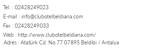 Beldiana Club Hotel telefon numaralar, faks, e-mail, posta adresi ve iletiim bilgileri